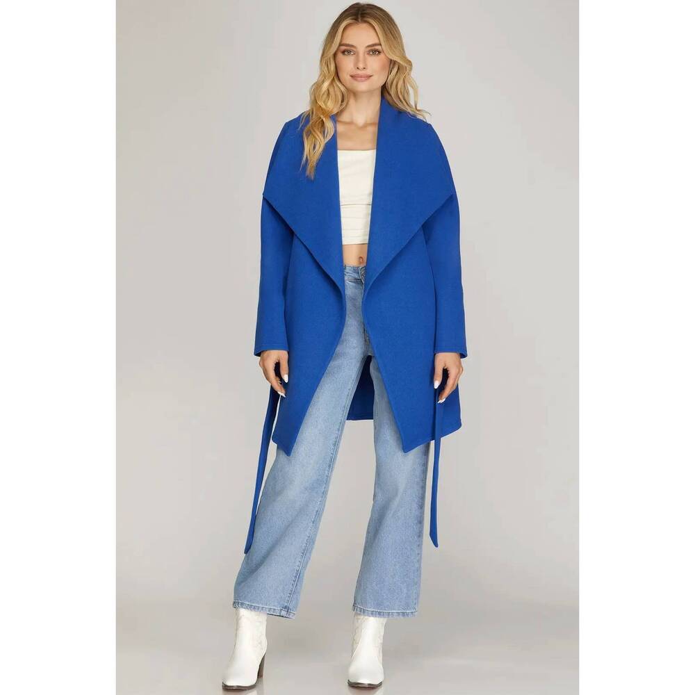 NEW SHE + SKY long sleeve open front coat in royal